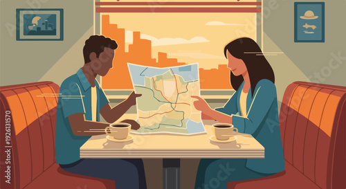 Couple Planning Trip with Map in Diner Booth, Enjoying Coffee with Cityscape View