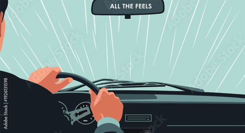 Man driving car with 'All the Feels' written on the rearview mirror, expressing emotions and mental state.