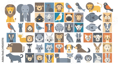 Large Set of Minimalist Flat Animal Icons – Diverse Wildlife and Domestic Pets Collection for Logo and Web Design