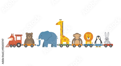 Cute Cartoon Animal Train Illustration – Safari and Zoo Animals Riding Toy Locomotive for Kids Education and Nursery Decor