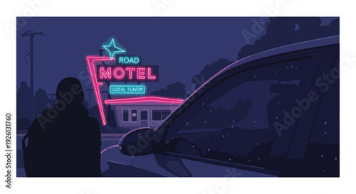 Retro neon motel sign glows in the dark, a lone figure stands by a car on a rainy night, evoking a sense of mystery and nostalgia.