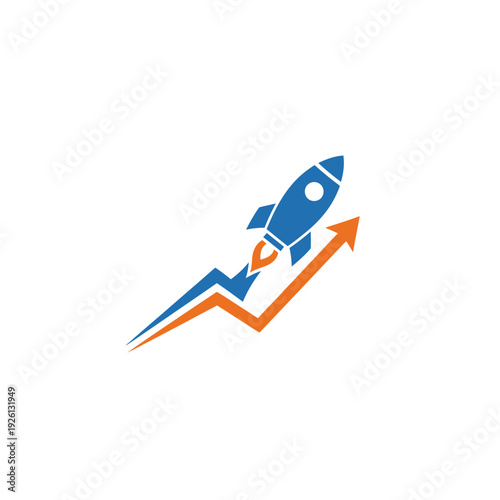 Blue Rocket Launching on Orange Upward Trend Line for Startup Success and Rapid Growth on isolated white background