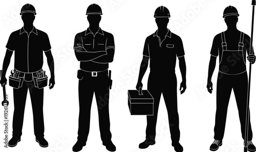 Construction worker silhouettes standing with helmet toolbelt toolbox equipment collection, builder professional team set, industrial illustration concept