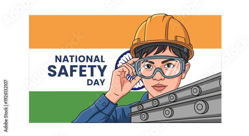 Illustration of a worker in a hard hat and safety glasses with industrial rails on National Safety Day in India.