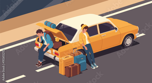 Isometric illustration of two travelers with suitcases waiting by their vintage car on a roadside, depicting a road trip adventure or unexpected stop.