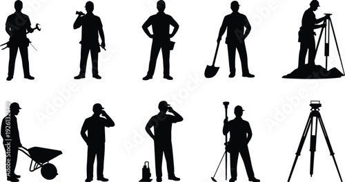 Construction worker silhouettes, engineers, surveyors with tripod, builders with tools, shovel, wheelbarrow, professional civil engineering staff, site workers, industrial labor icons.
