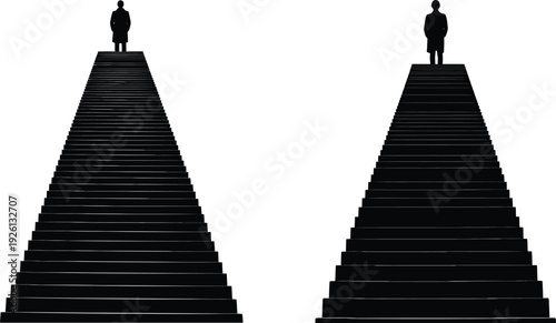 Two people standing on pyramids with white background