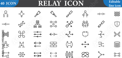 A set of 40 editable line icons depicting various relay symbols and signs