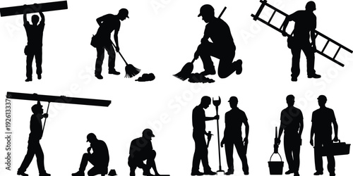 Construction worker silhouettes, manual labor illustration, broom and ladder art, beam carrying design, toolbox and bucket concept, workforce diversity representation