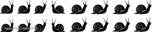A row of snail silhouettes on a white background
