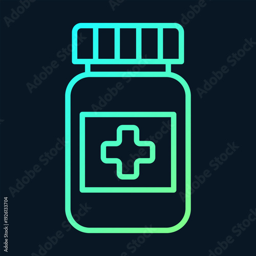 A stylized icon of a pill bottle with a cross symbol