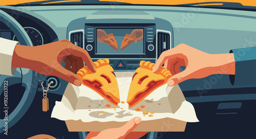 Two people sharing a sweet pie inside a car, hands holding halves of a pastry. Road trip snack, quick meal, convenience food, travel eating illustration.