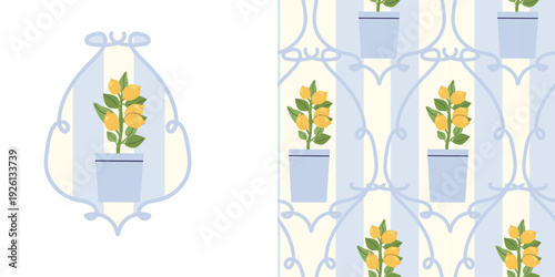 Italian summer pattern with bows frame. Seamless lemon tree in vase with blue stripes from Italy print. Italian Mediterranean cottage core seamless pattern. Amalfi lemon stamp print.