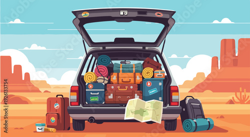 Open car trunk overflowing with suitcases and travel gear, ready for an exciting desert road trip adventure and summer vacation.