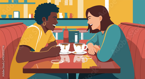 Two diverse women laughing and talking over coffee at a diner booth, enjoying a friendly conversation and good times.
