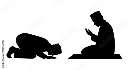 Two individuals in traditional prayer positions during worship. Vector, illustration