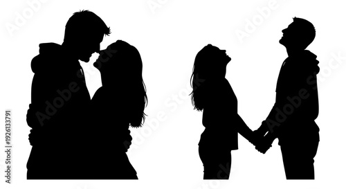 Silhouettes of couples sharing intimate and formal moments together in contrasting styles Vector, illustration