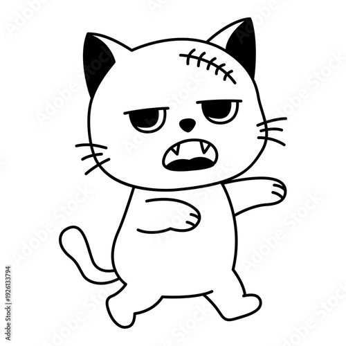 Zombie cat in line style. Zombie icon. Cat sticker. Cute sticker