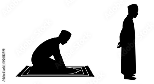 Silhouette of a person performing prayer while another stands observing nearby Vector, illustration