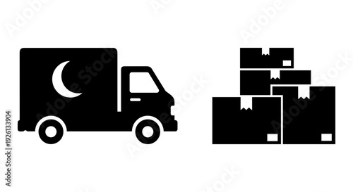 Nocturnal delivery truck transporting stacked parcels and boxes. Vector, illustration