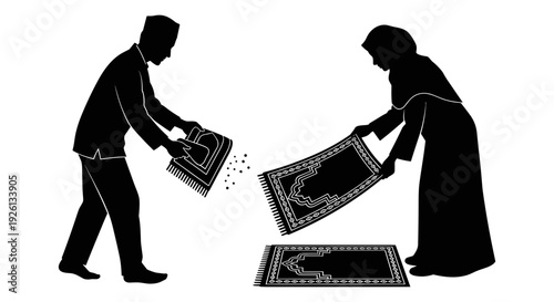 Two individuals collaborating over a large architectural drawing or blueprint. Vector, illustration