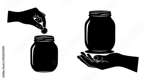 Hands pouring liquid into a jar and holding a filled jar of dark substance Vector, illustration