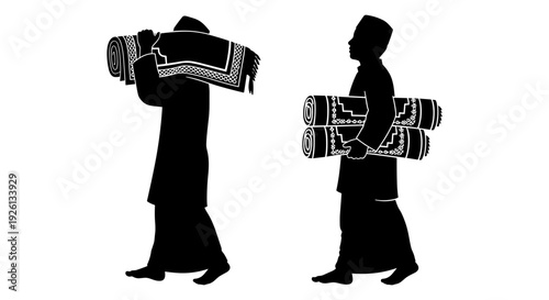 Two silhouettes carrying traditional woven baskets on their backs Vector, illustration