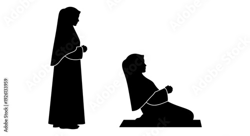 Silhouette of a standing figure guiding a kneeling child with a string. Vector, illustration
