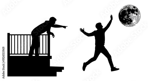 A surreal scene of a man jumping from a building towards another reaching for the moon Vector, illustration