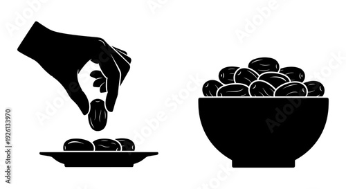A hand placing a cookie onto a plate next to a bowl of cookies Vector, illustration
