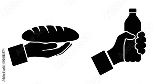 Contrast between offering bread and holding a plastic bottle of water. Vector, illustration