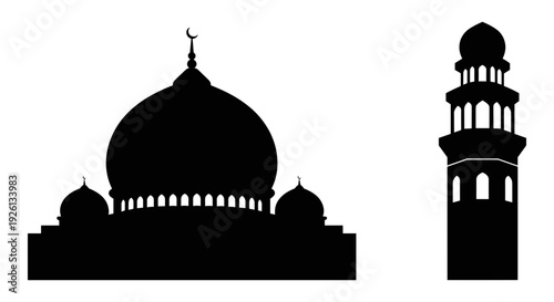 Silhouette of a mosque with dome and a minaret tower against a plain background Vector, illustration