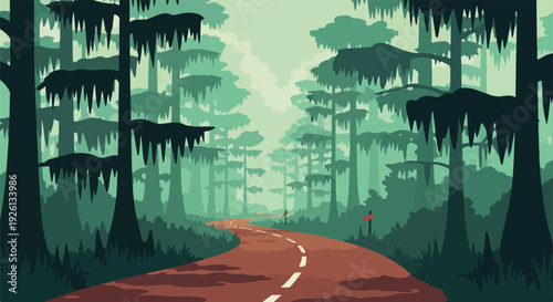 Winding rural road through a misty, atmospheric cypress forest with Spanish moss hanging from trees