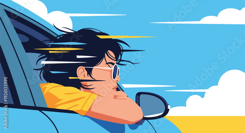 Young person with windblown hair leaning out of car window, enjoying a scenic road trip under a blue sky