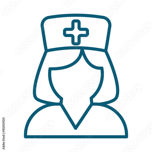 A simple blue line drawing of a nurse wearing a cap with a cross