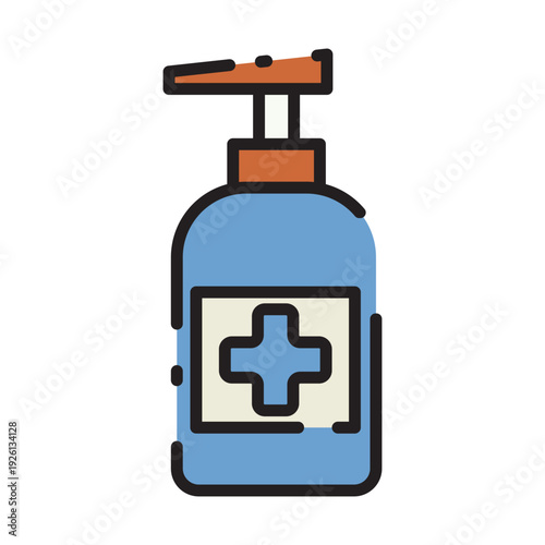 A cartoonstyle hand sanitizer bottle with a blue body and pump dispenser