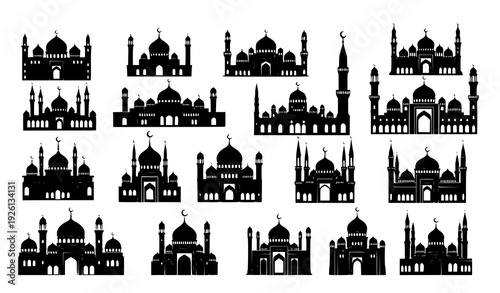 Islamic mosque architectural silhouettes vector set