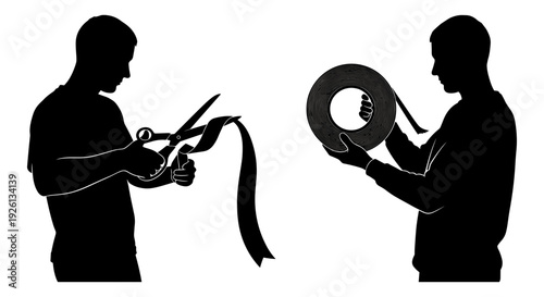 Two individuals examining and holding large, coiled objects resembling hoses or cables. Vector, illustration