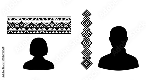 Traditional maori tattoo patterns and silhouettes of two individuals Vector, illustration