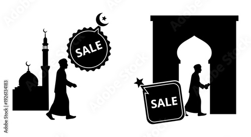 Cultural sale event featuring traditional architecture and attire with sale signs. Vector, illustration