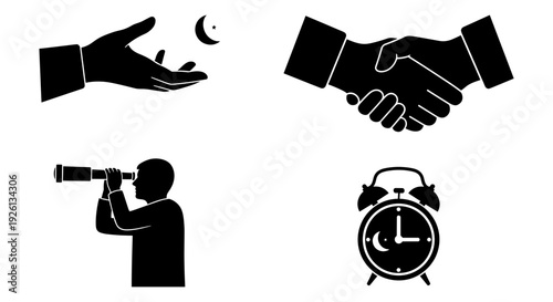 Four symbolic icons representing cooperation, exploration, secrecy, and punctuality Vector, illustration