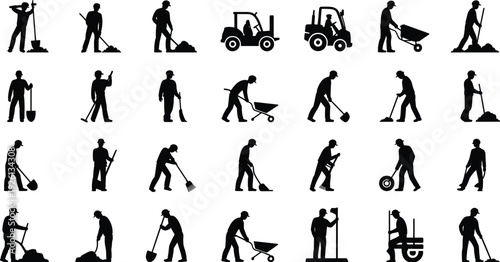 Construction worker silhouettes, manual labor tools, jackhammer and shovel illustration, wheelbarrow and ladder art, building site concept, industrial workforce design