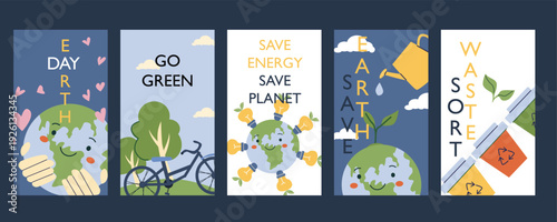 Earth Day cards and eco friendly posters set. Eco activity flyers template in minimalist style. Ecology concept backgrounds set for social templates. Earth day, save planet, sort waste cards.