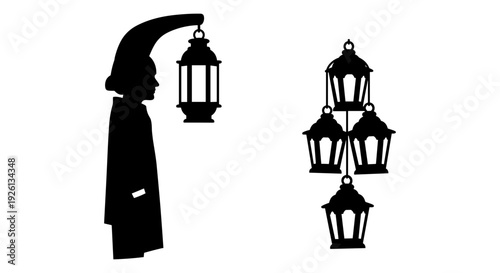 Silhouette of a person holding a vintage lantern against a wall-mounted lantern set Vector, illustration