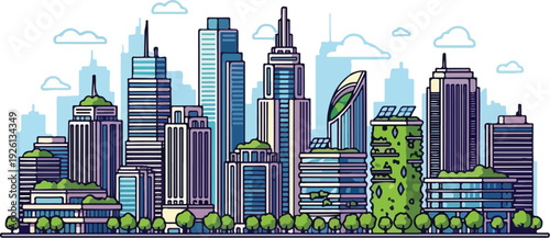 City skyline with modern skyscrapers and green trees