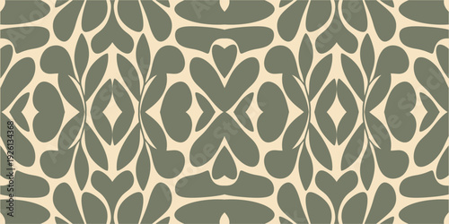 Seamless sage green ornamental floral pattern with heart motifs. Symmetrical decorative botanical design in vintage style. Repeating elegant background ideal for wallpaper, fabric and surface.
