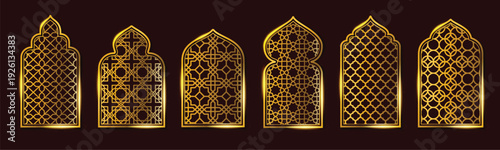 Islamic Arch Border Pattern, Golden Arabic Window Frame Decorative Design