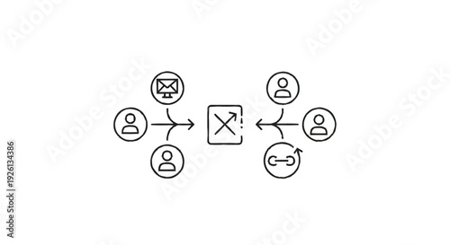 Business communication flow diagram with people and email icons.