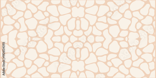 Seamless beige stone mosaic pattern with symmetrical radial design. Elegant pebble texture arranged in decorative geometric layout. Light natural rock background ideal for wallpaper, tiles and surface