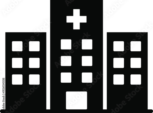 Hospital Building Icon with Plus Symbol and Simple Vector Graphic